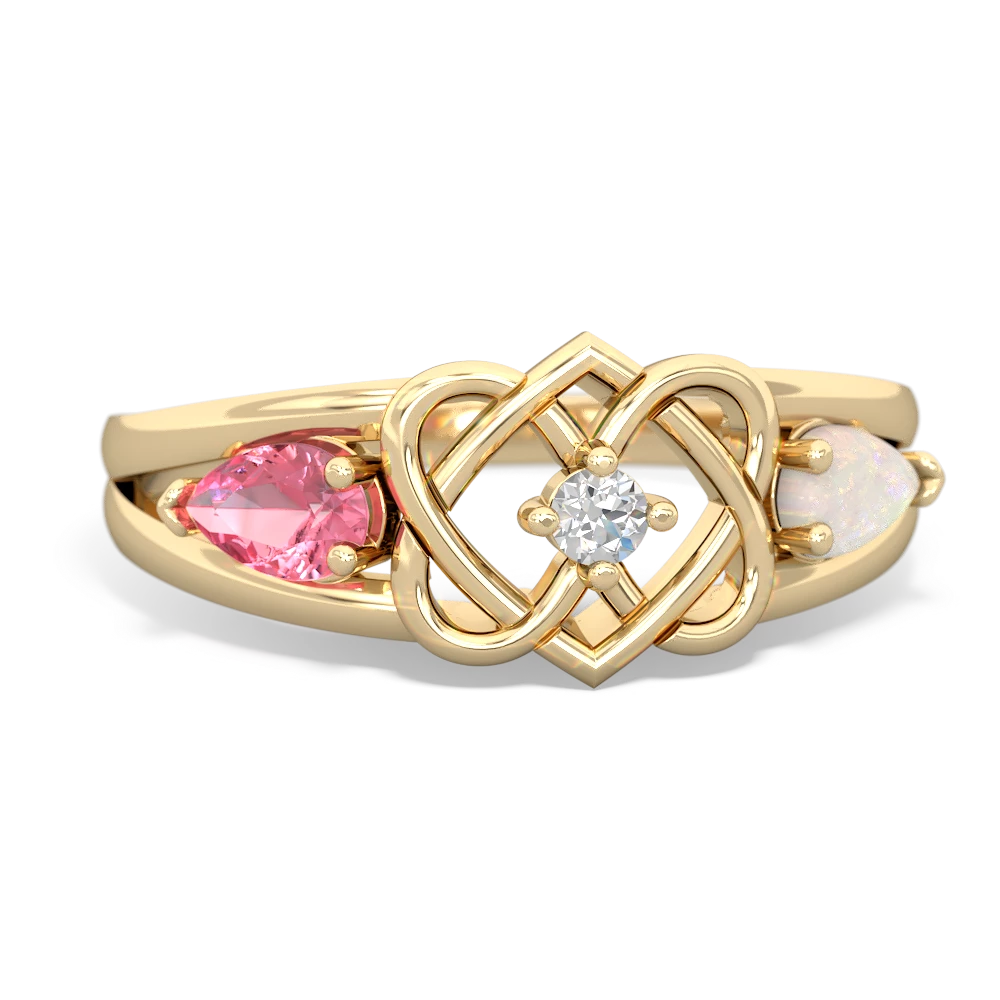 Lab Pink Sapphire Hearts Intertwined 14K Yellow Gold ring R5880