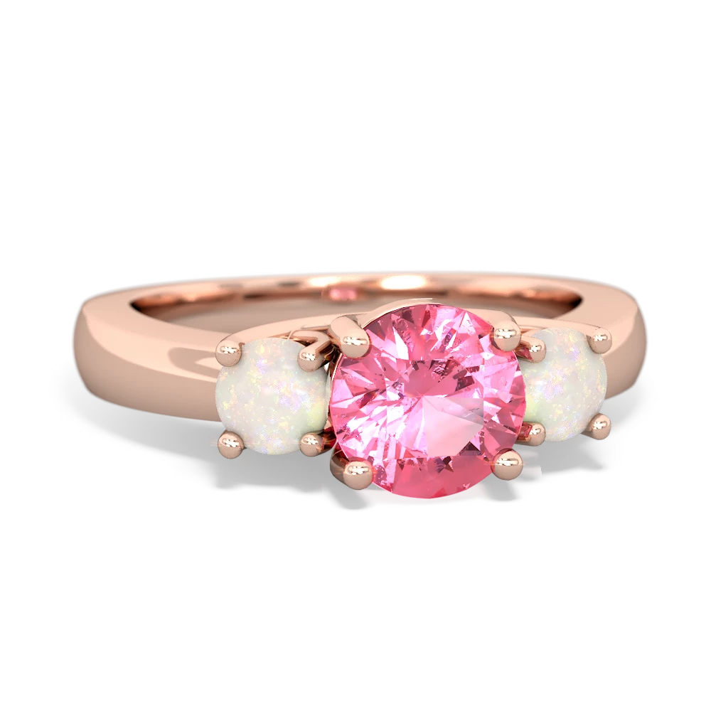 Lab Pink Sapphire Three Stone Round Trellis 14K Rose Gold ring R4018