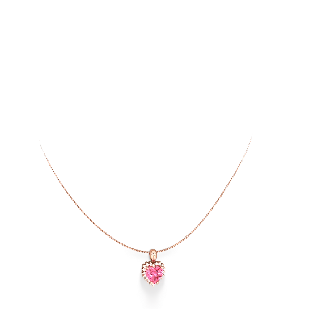 Lab Pink Sapphire Sparkling Halo Heart 14K Rose Gold pendant P0391