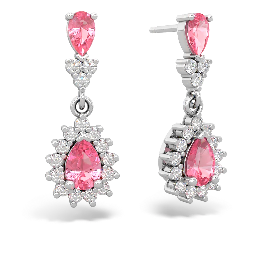 Lab Pink Sapphire Halo Pear Dangle 14K White Gold earrings E1882