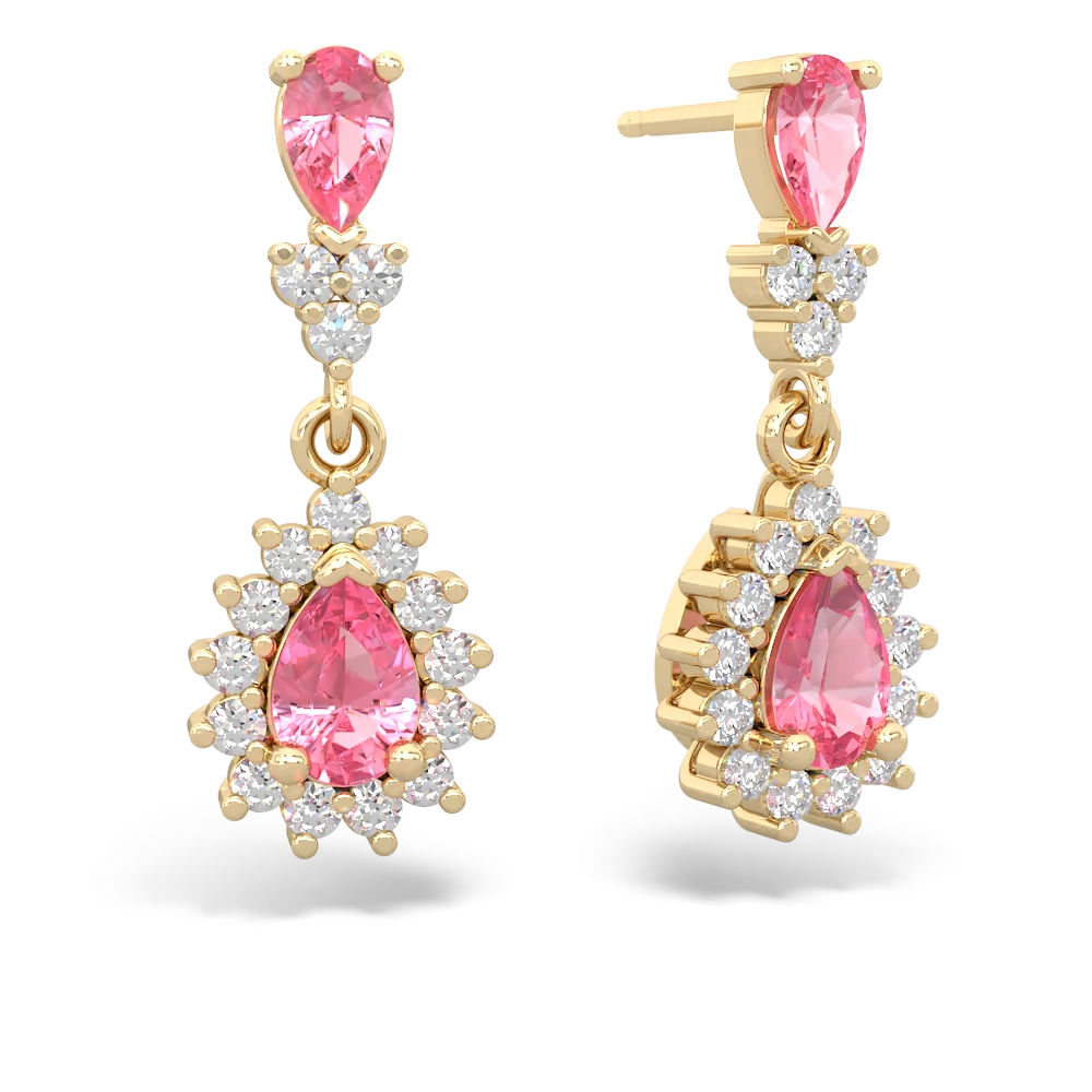 Lab Pink Sapphire Halo Pear Dangle 14K Yellow Gold earrings E1882