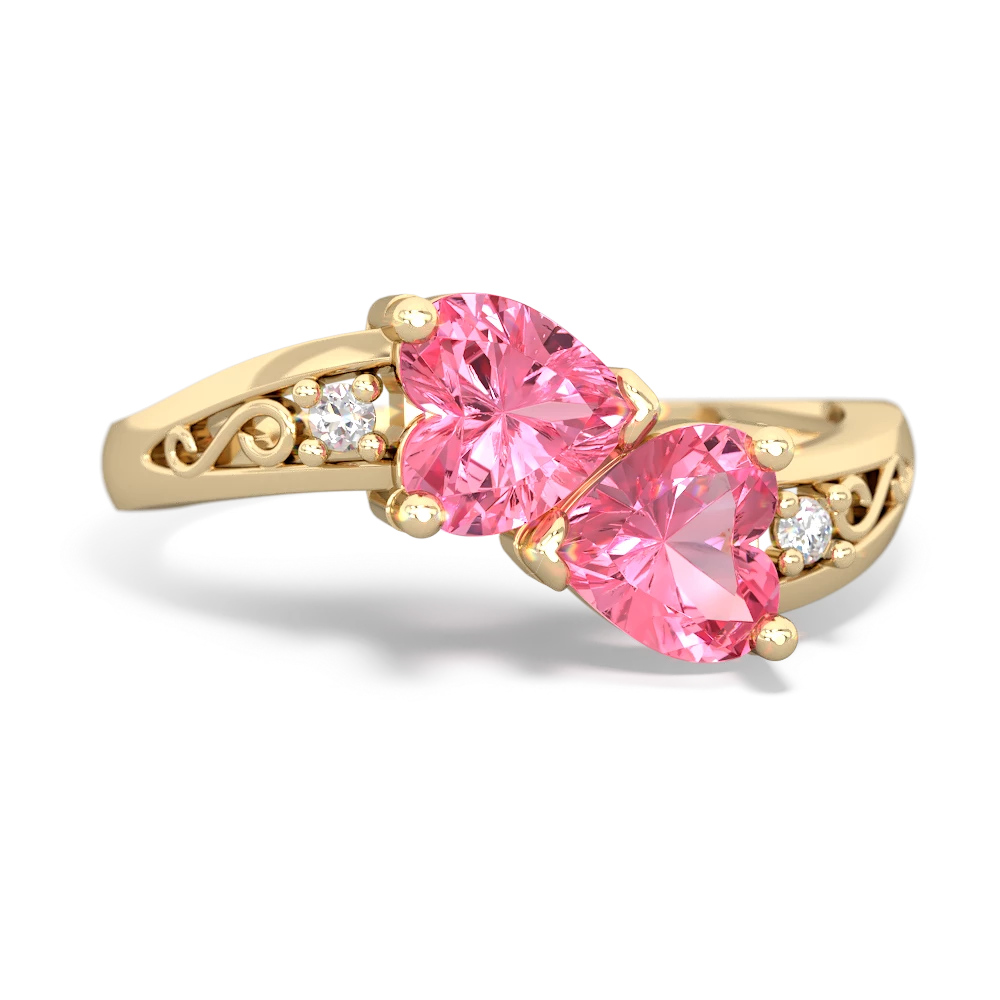 Lab Pink Sapphire Snuggling Hearts 14K Yellow Gold ring R2178