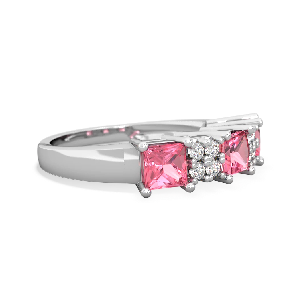 Lab Pink Sapphire Three Stone Diamond Cluster 14K White Gold ring R2592