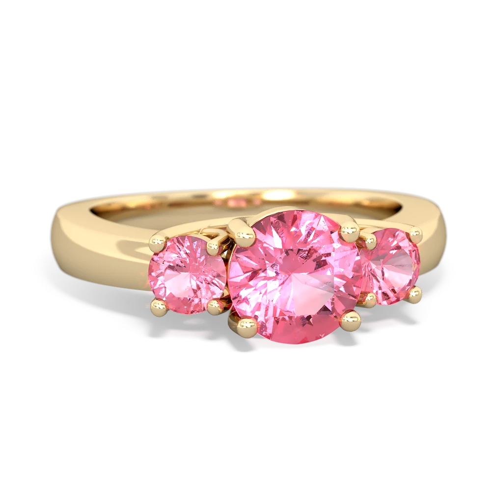 Pink Tourmaline Three Stone Round Trellis 14K Yellow Gold ring R4018