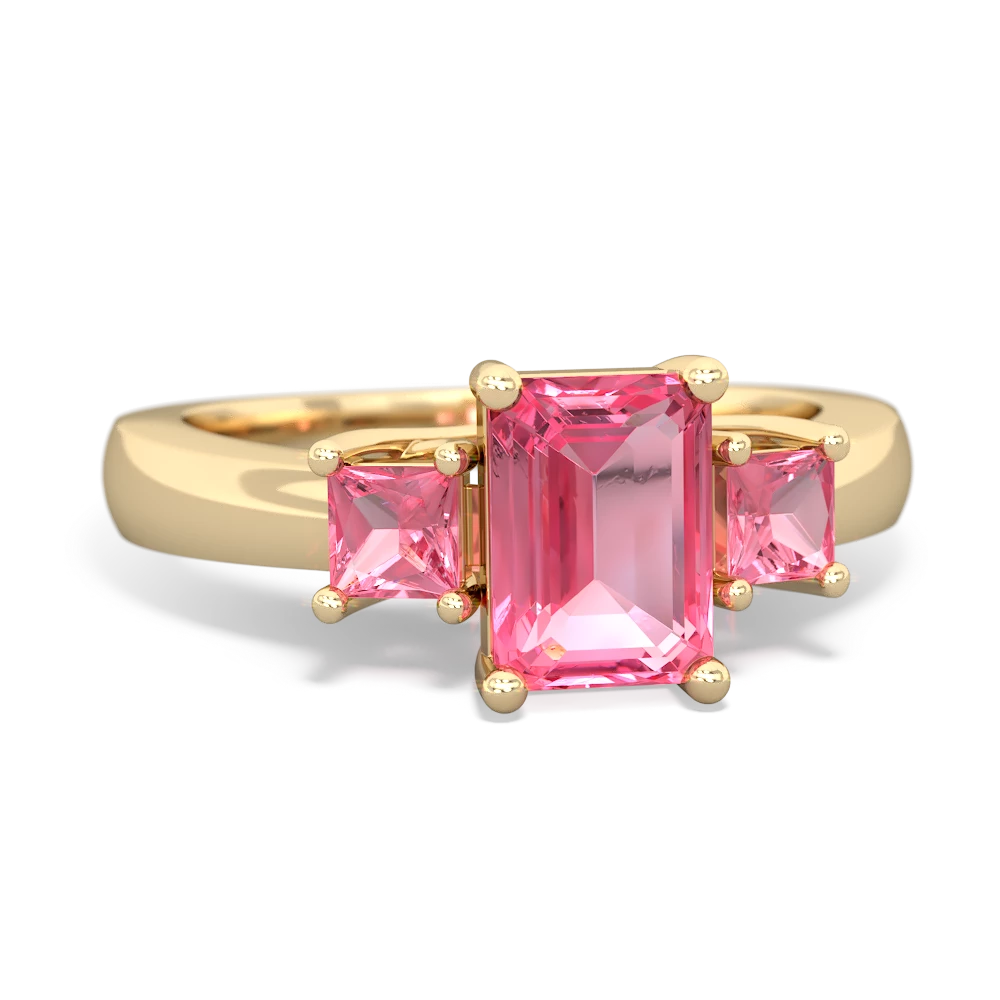 Pink Tourmaline Three Stone Emerald-Cut Trellis 14K Yellow Gold ring R4021