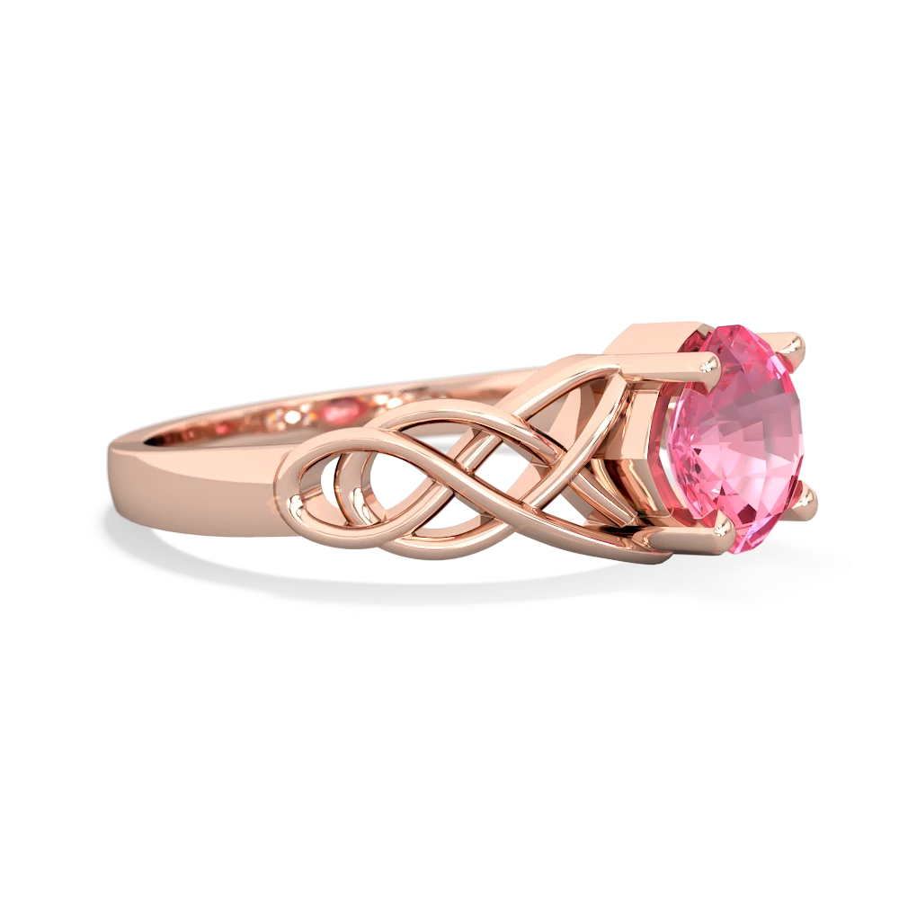 Lab Pink Sapphire Checkerboard Cushion Celtic Knot 14K Rose Gold ring R5000