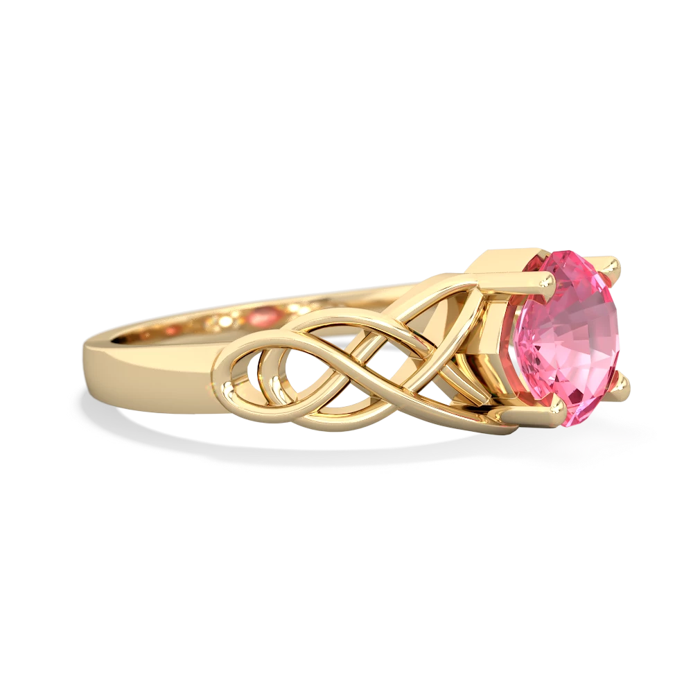 Lab Pink Sapphire Checkerboard Cushion Celtic Knot 14K Yellow Gold ring R5000