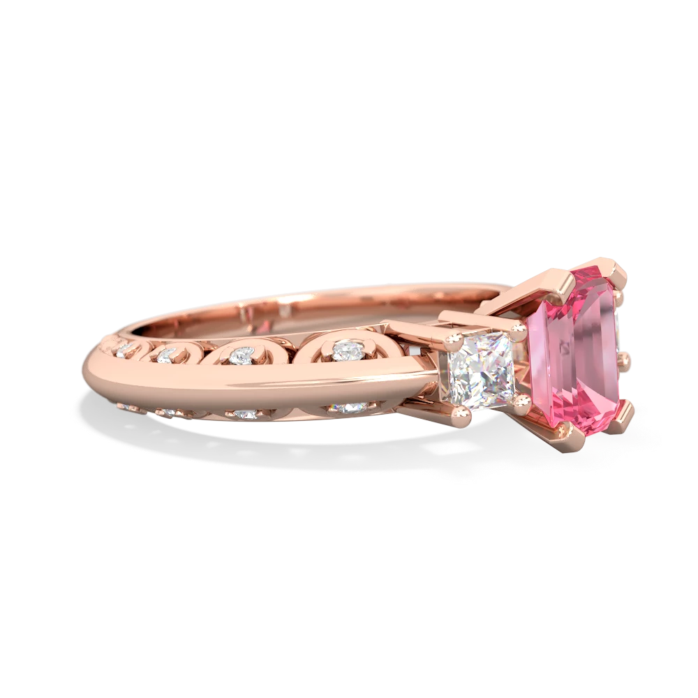 Lab Pink Sapphire Art Deco Diamond 7X5 Emerald-Cut Engagement 14K Rose Gold ring R20017EM