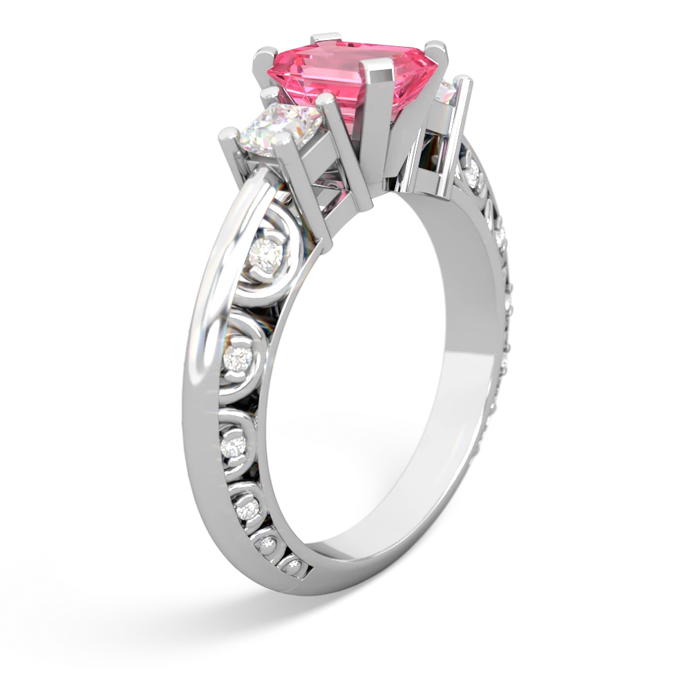 Lab Pink Sapphire Art Deco Diamond 7X5 Emerald-Cut Engagement 14K White Gold ring R20017EM