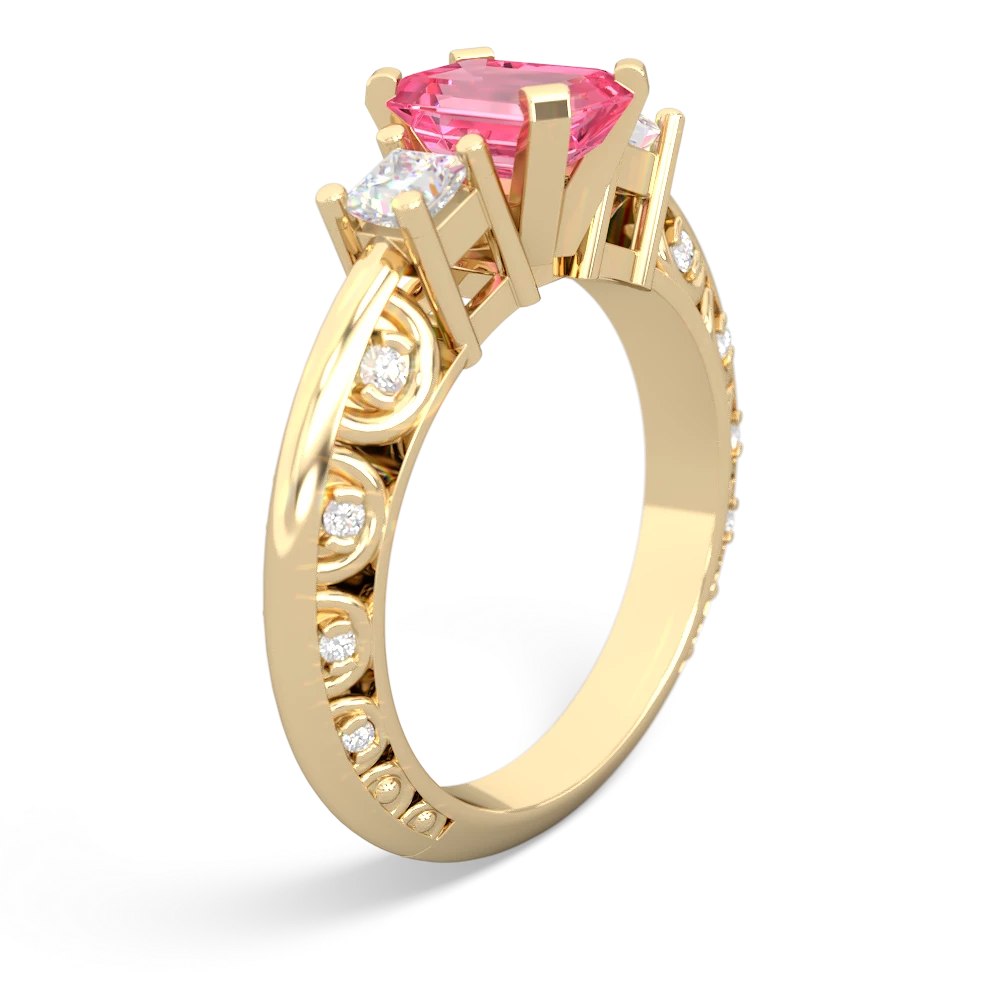 Lab Pink Sapphire Art Deco Diamond 7X5 Emerald-Cut Engagement 14K Yellow Gold ring R20017EM