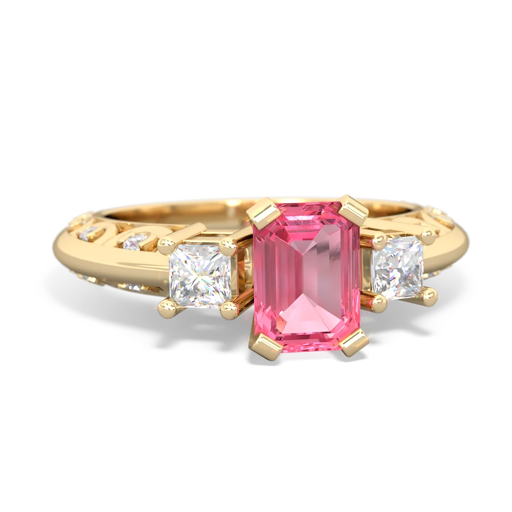 Lab Pink Sapphire Art Deco Diamond 7X5 Emerald-Cut Engagement 14K Yellow Gold ring R20017EM