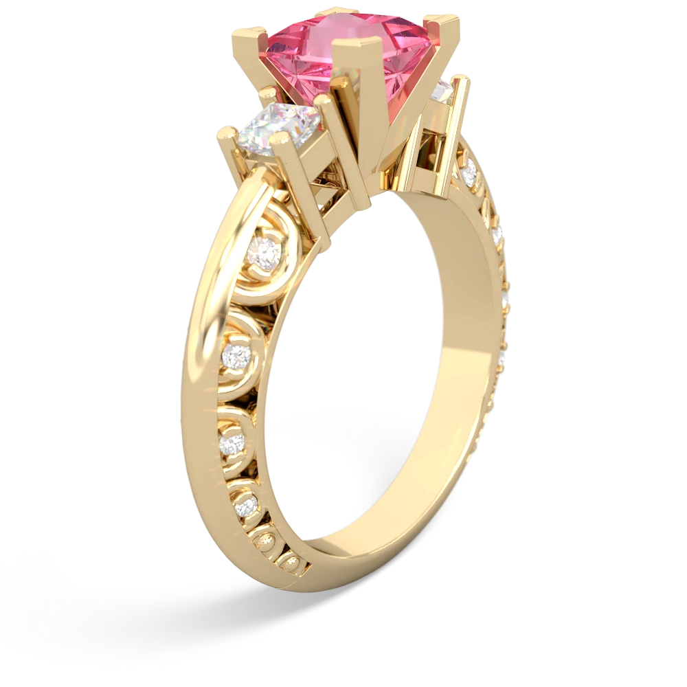 Lab Pink Sapphire Art Deco Diamond Engagement 6Mm Princess 14K Yellow Gold ring R2001