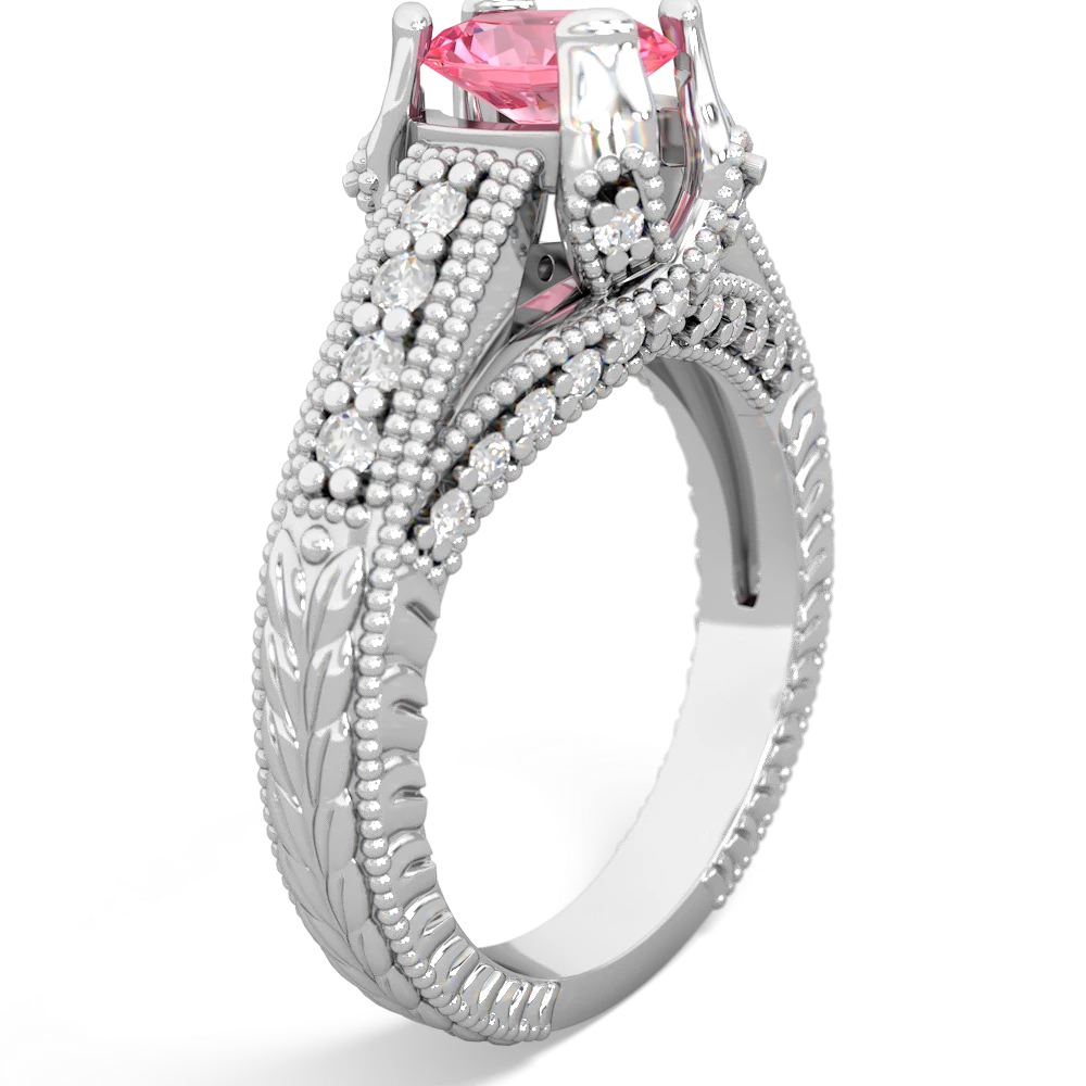 Lab Pink Sapphire Antique Style Milgrain Diamond 14K White Gold ring R2028