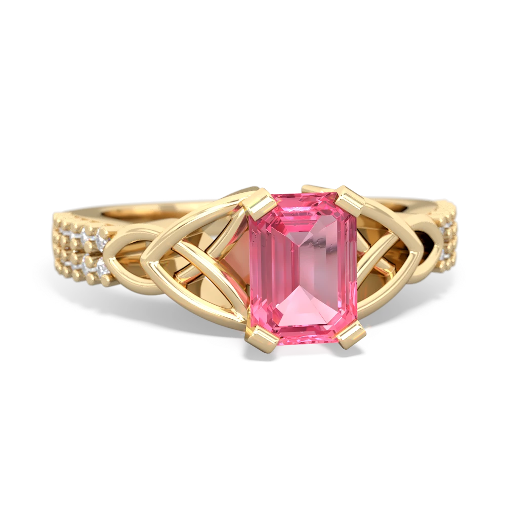 Lab Pink Sapphire Celtic Knot 7X5 Emerald-Cut Engagement 14K Yellow Gold ring R26447EM