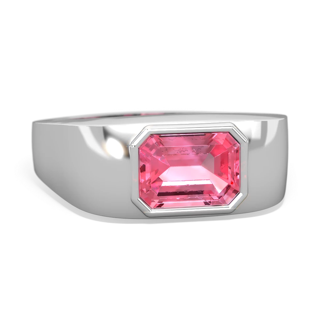 Lab Pink Sapphire Men's Emerald-Cut Bezel 14K White Gold ring R0410