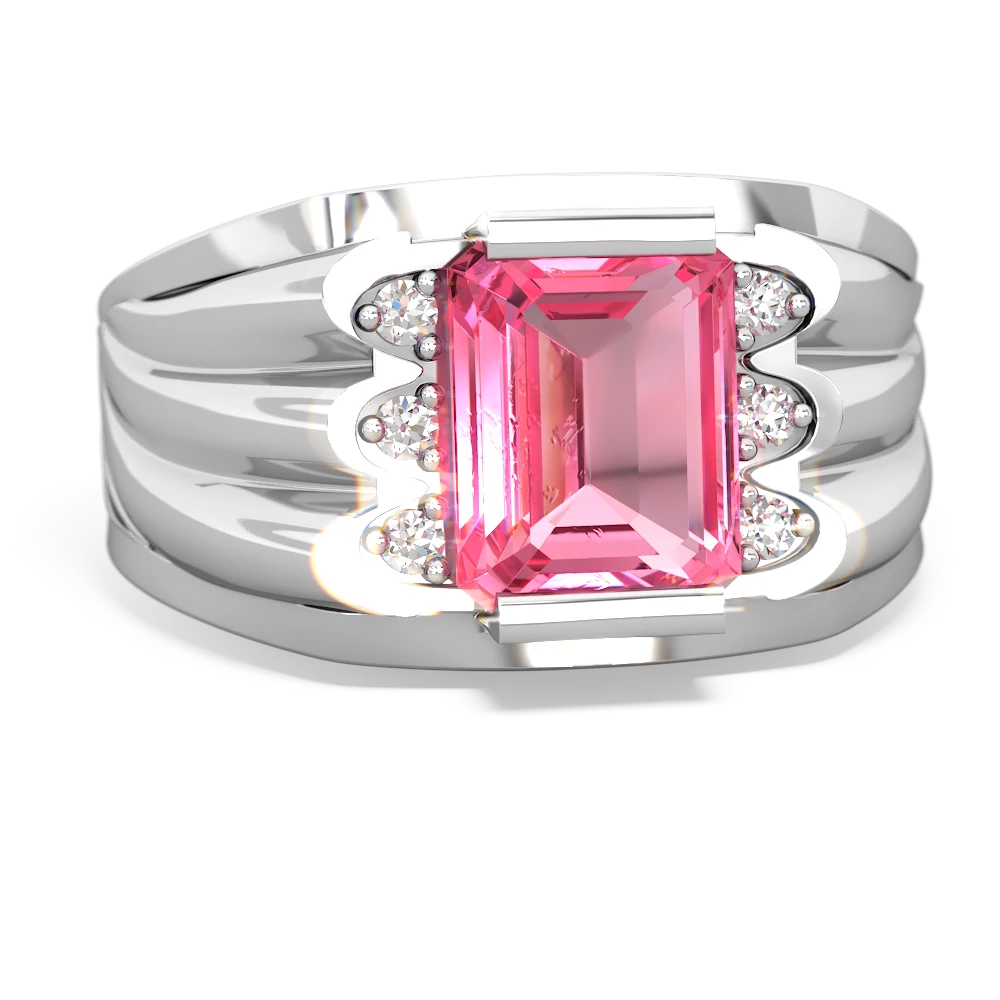 Lab Pink Sapphire Men's 9X7mm Emerald-Cut 14K White Gold ring R1835