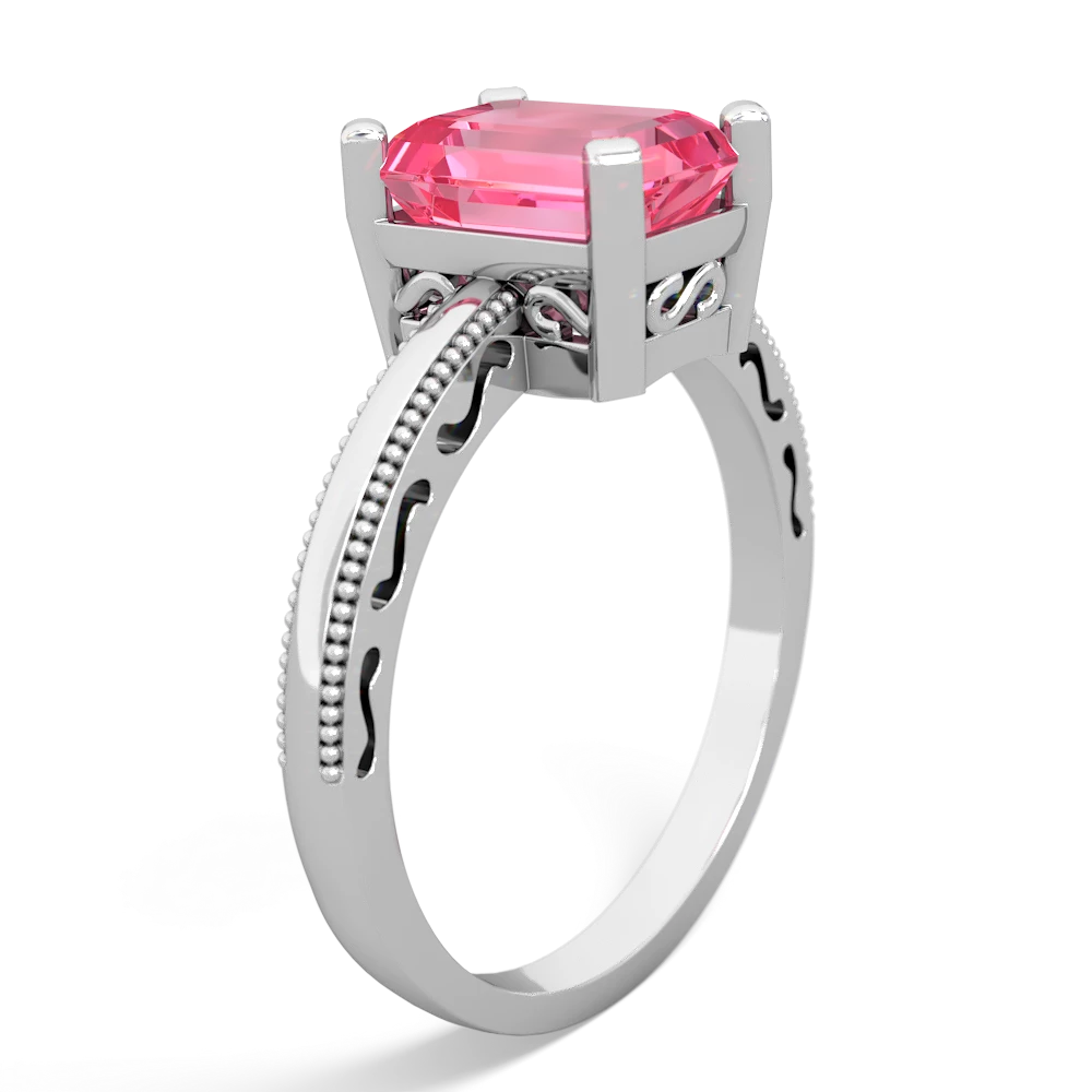 Lab Pink Sapphire Milgrain Scroll 14K White Gold ring R2338