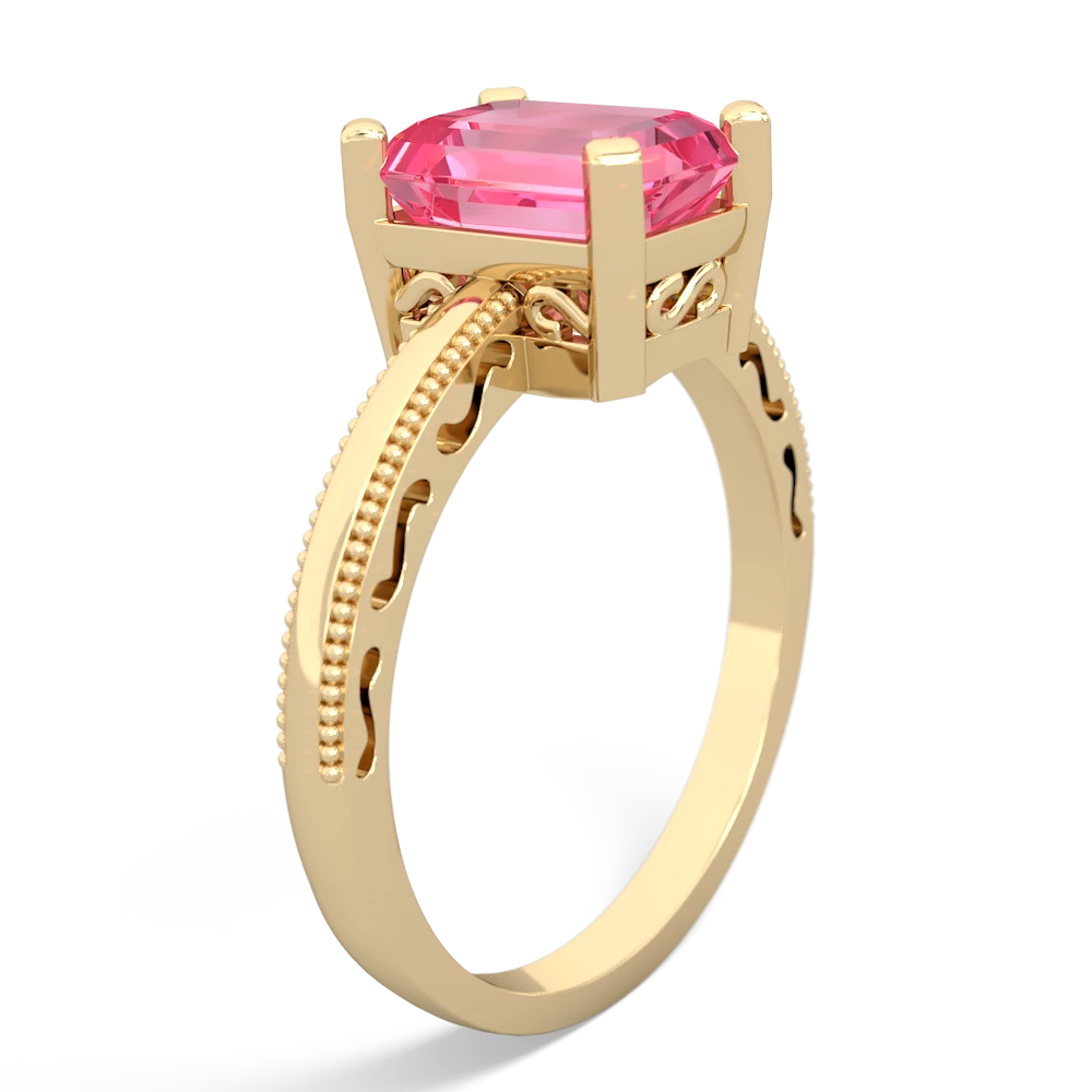 Lab Pink Sapphire Milgrain Scroll 14K Yellow Gold ring R2338