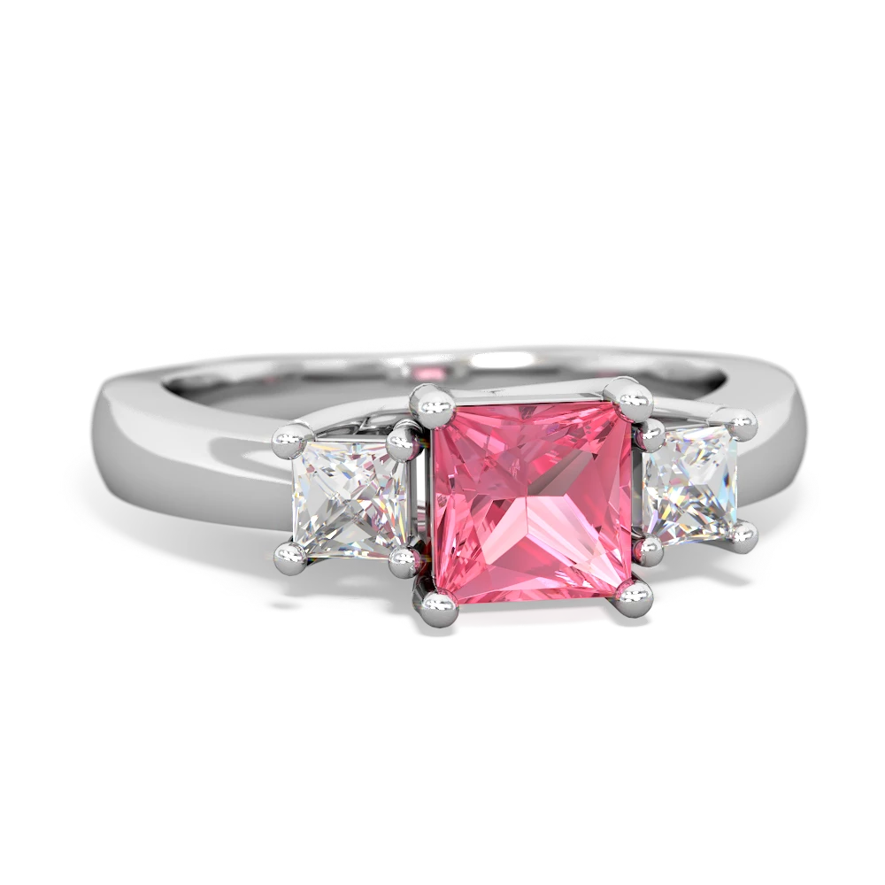 Lab Pink Sapphire Three Stone Trellis 14K White Gold ring R4015