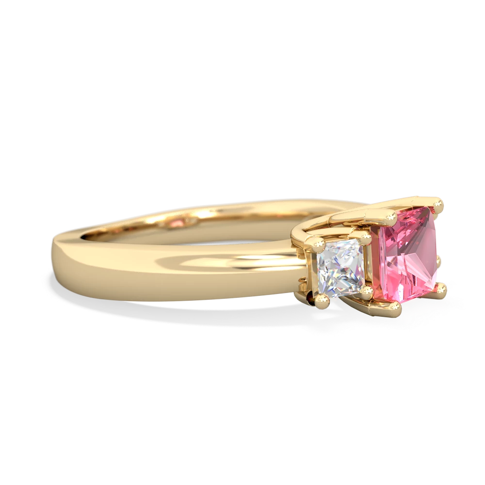 Lab Pink Sapphire Three Stone Trellis 14K Yellow Gold ring R4015