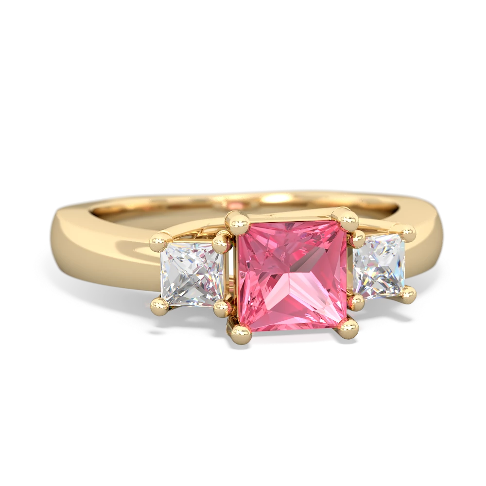 Lab Pink Sapphire Three Stone Trellis 14K Yellow Gold ring R4015