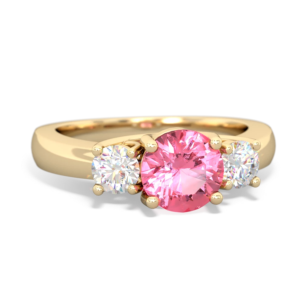 Lab Pink Sapphire Diamond Three Stone Round Trellis 14K Yellow Gold ring R4018