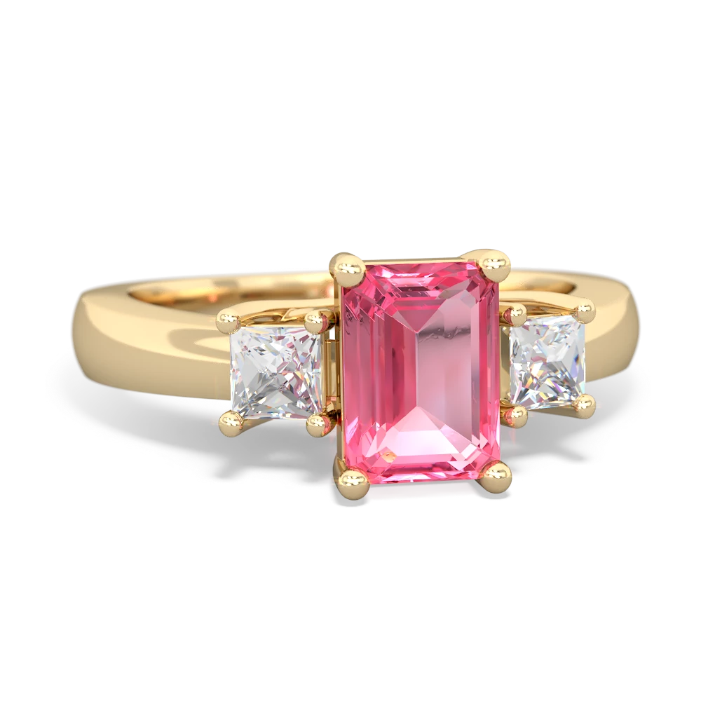 Lab Pink Sapphire Diamond Three Stone Emerald-Cut Trellis 14K Yellow Gold ring R4021