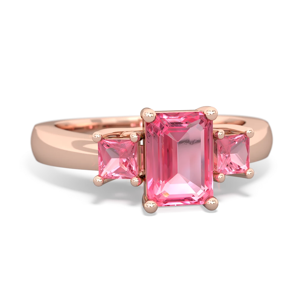 Lab Pink Sapphire Three Stone Emerald-Cut Trellis 14K Rose Gold ring R4021