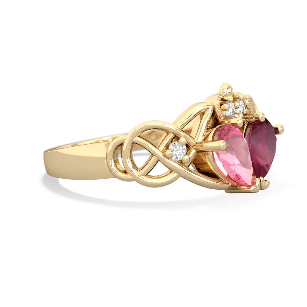 Lab Pink Sapphire 'One Heart' Celtic Knot Claddagh 14K Yellow Gold ring R5322