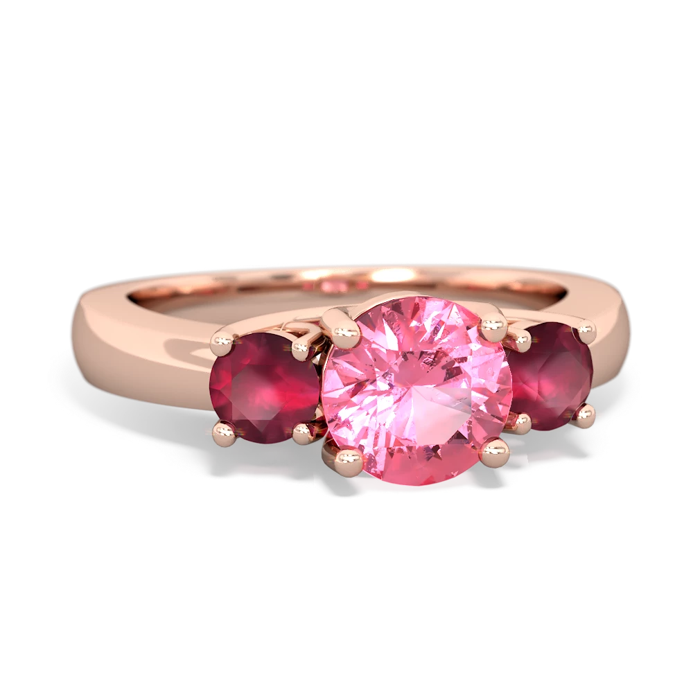 Lab Pink Sapphire Three Stone Round Trellis 14K Rose Gold ring R4018