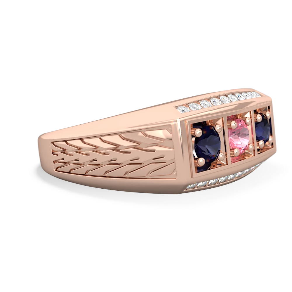 Lab Pink Sapphire Three Stone Tire Tread Men's 14K Rose Gold ring R0520