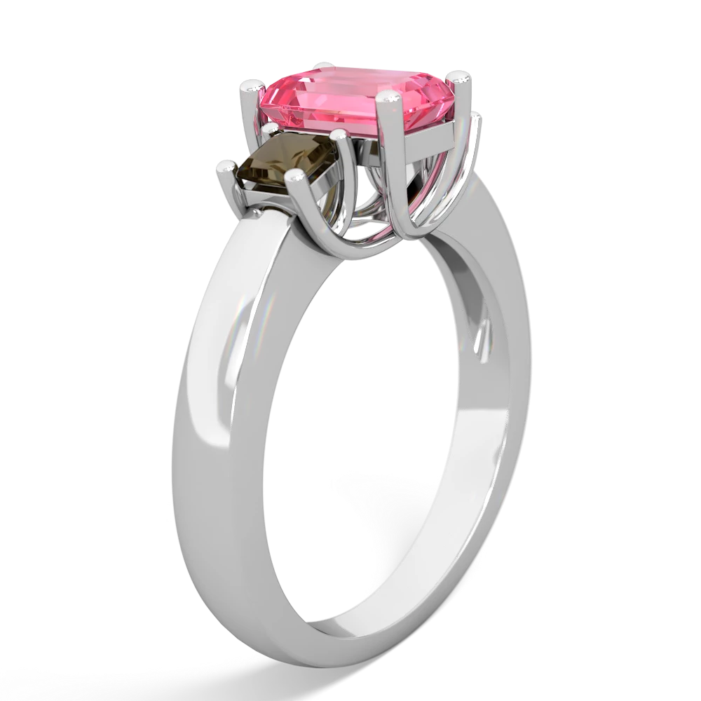 Lab Pink Sapphire Three Stone Emerald-Cut Trellis 14K White Gold ring R4021