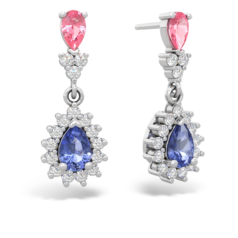 Lab Pink Sapphire Halo Pear Dangle 14K White Gold earrings E1882