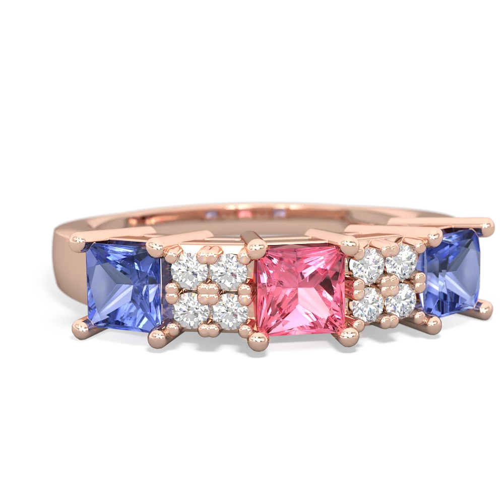 Lab Pink Sapphire Three Stone Diamond Cluster 14K Rose Gold ring R2592