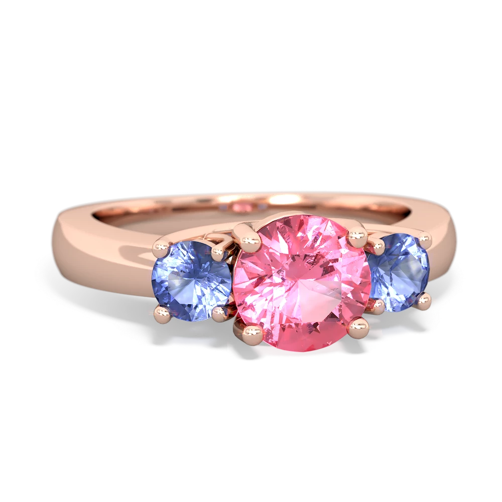 Lab Pink Sapphire Three Stone Round Trellis 14K Rose Gold ring R4018