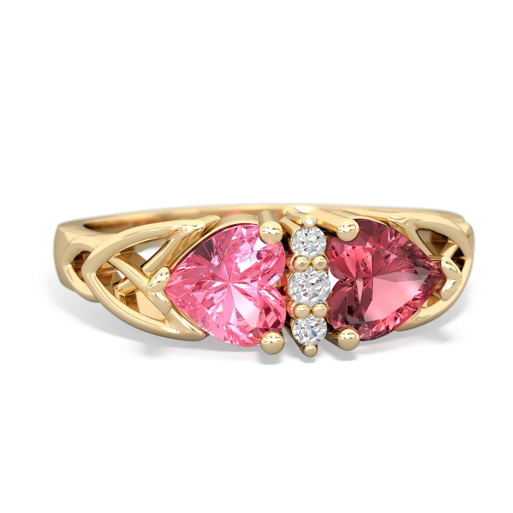 Lab Pink Sapphire Celtic Knot Double Heart 14K Yellow Gold ring R5040