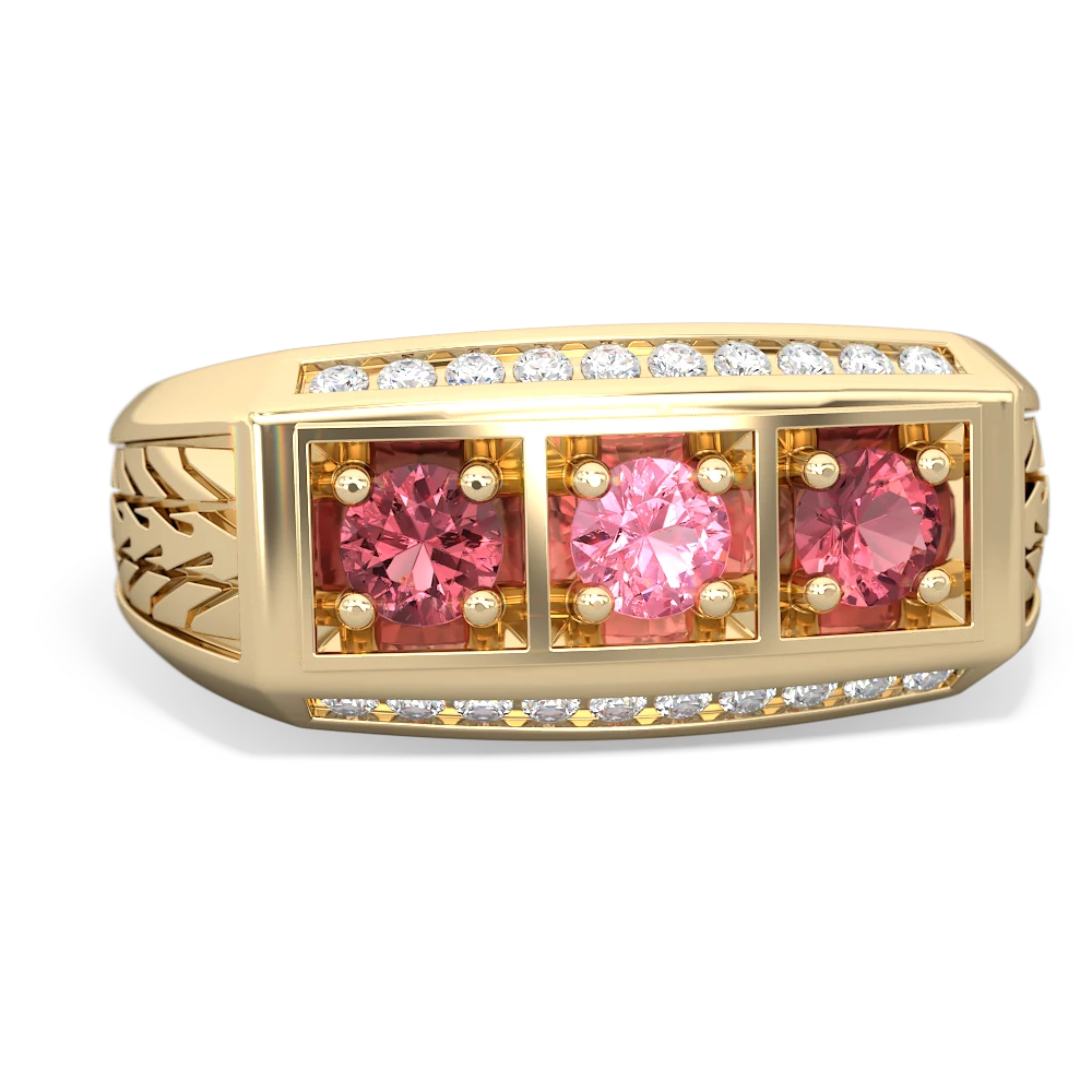 Lab Pink Sapphire Three Stone Tire Tread Men's 14K Yellow Gold ring R0520