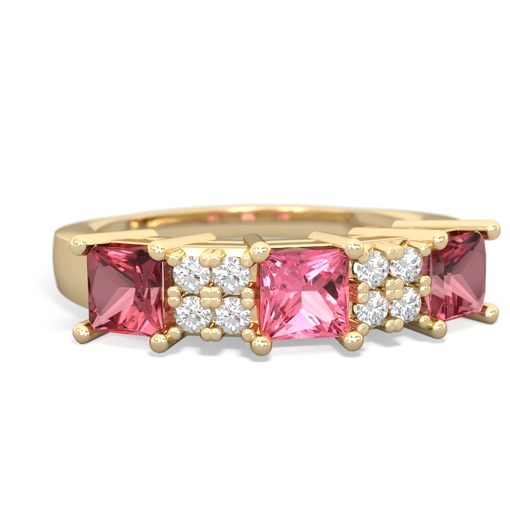 Lab Pink Sapphire Three Stone Diamond Cluster 14K Yellow Gold ring R2592