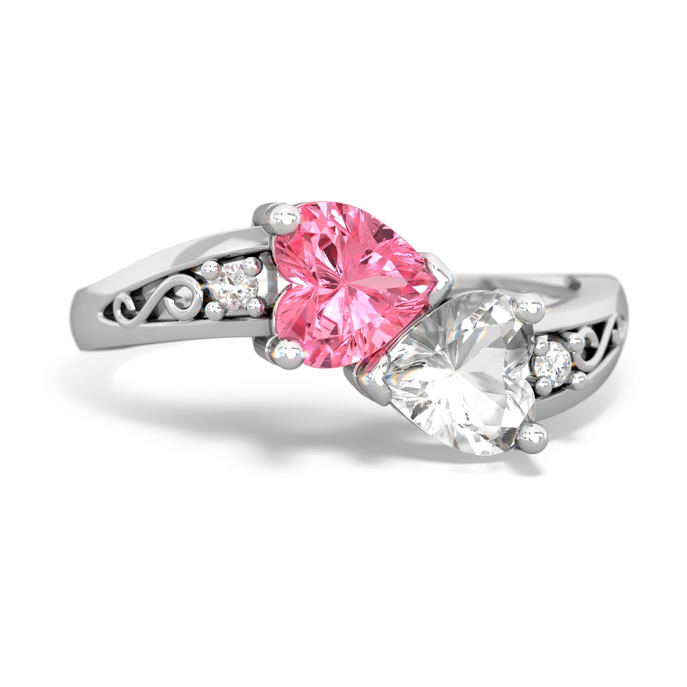 Lab Pink Sapphire Snuggling Hearts 14K White Gold ring R2178