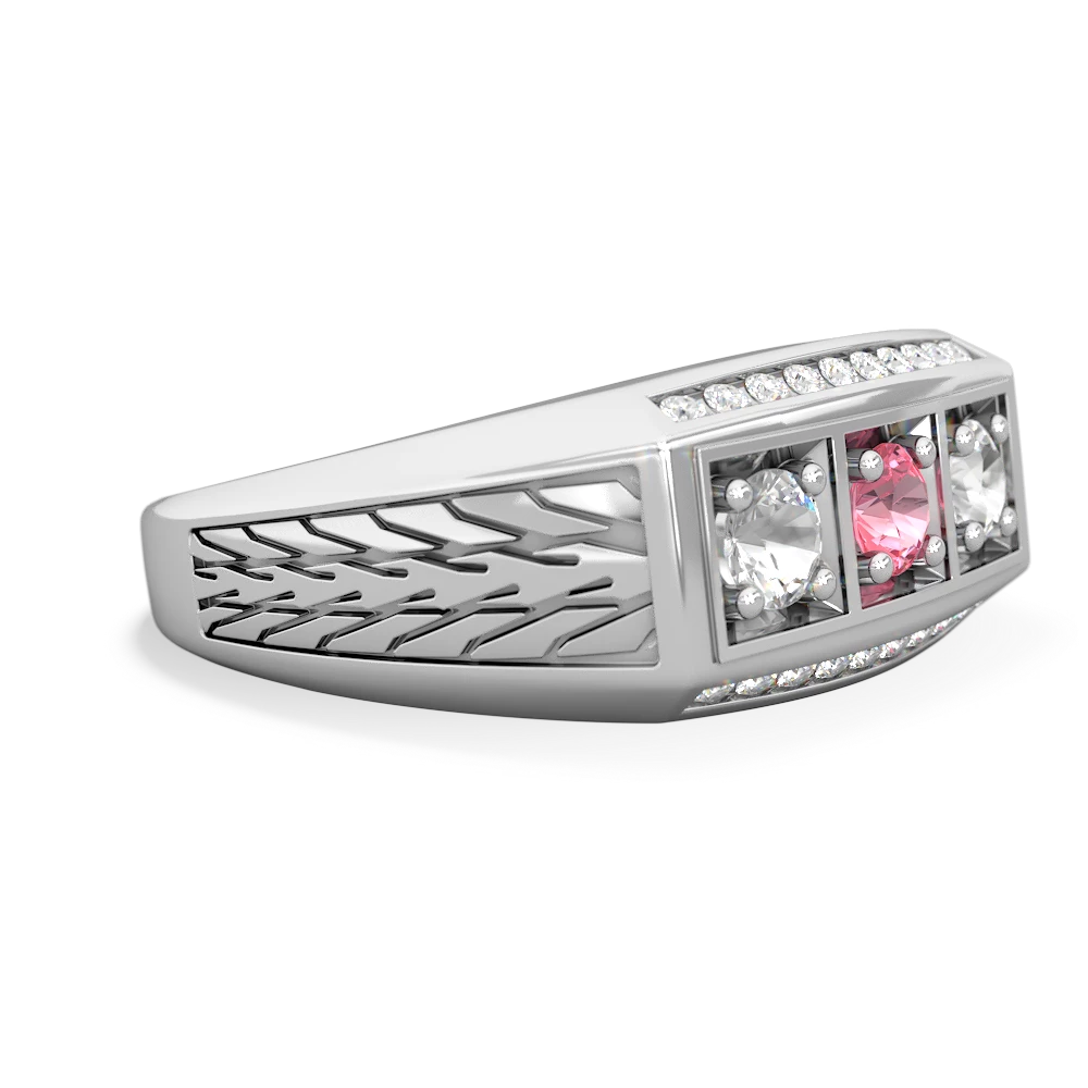 Lab Pink Sapphire Three Stone Tire Tread Men's 14K White Gold ring R0520