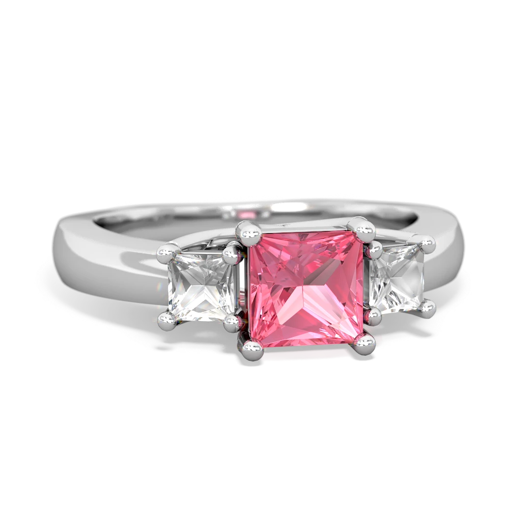 Lab Pink Sapphire Three Stone Trellis 14K White Gold ring R4015