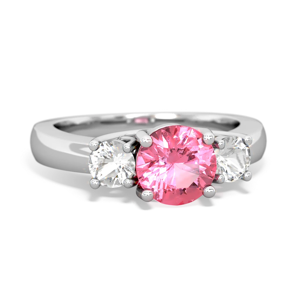 Lab Pink Sapphire Three Stone Round Trellis 14K White Gold ring R4018