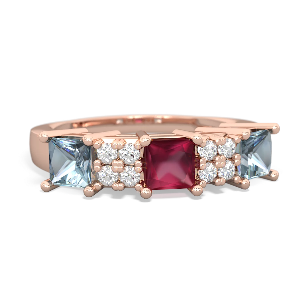 Ruby Three Stone Diamond Cluster 14K Rose Gold ring R2592