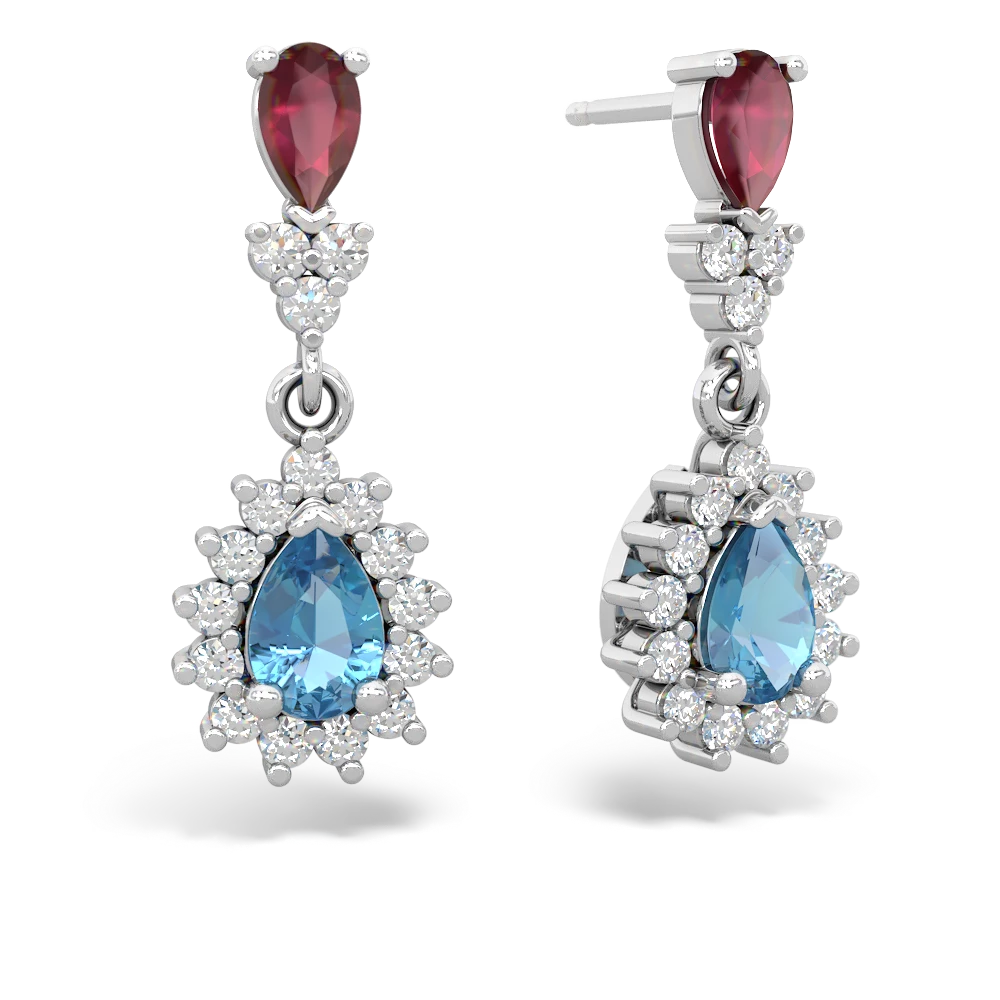 Ruby Halo Pear Dangle 14K White Gold earrings E1882