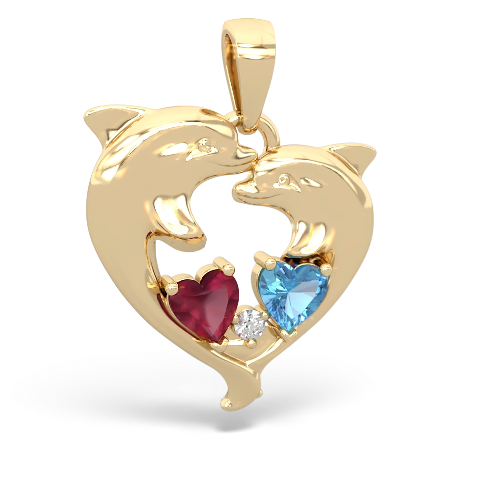 Ruby Dolphin Heart 14K Yellow Gold pendant P5820