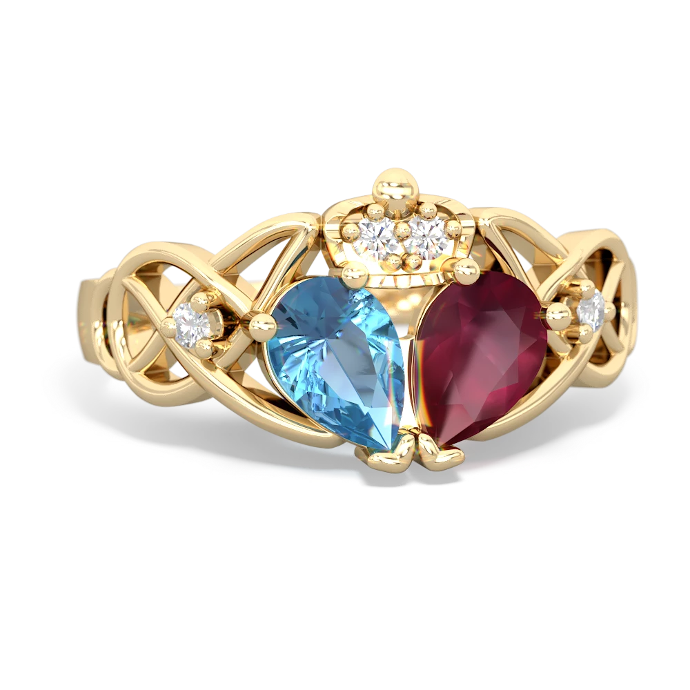 Ruby 'One Heart' Celtic Knot Claddagh 14K Yellow Gold ring R5322