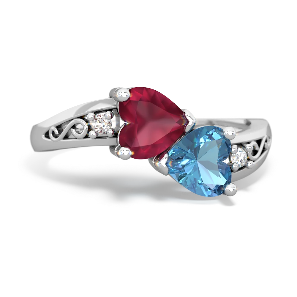 Ruby Snuggling Hearts 14K White Gold ring R2178