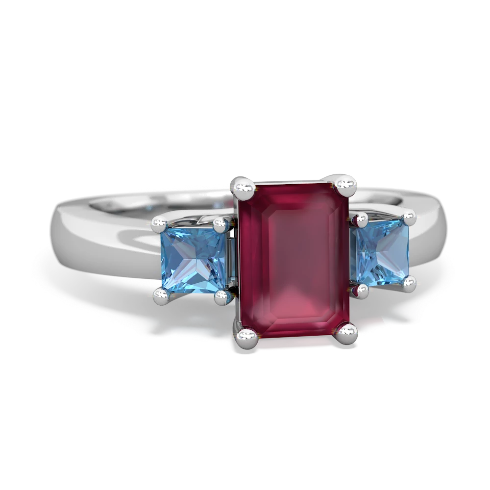 Ruby Three Stone Emerald-Cut Trellis 14K White Gold ring R4021