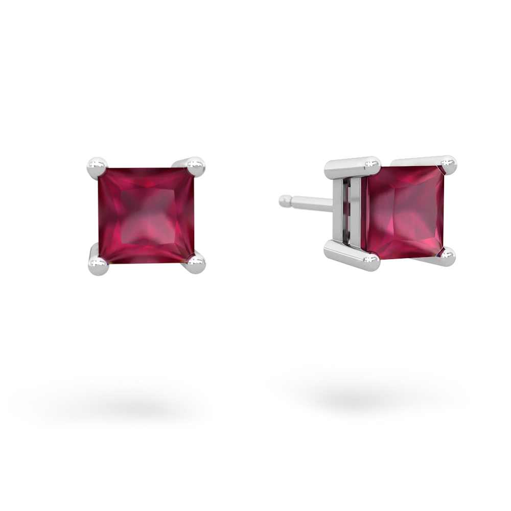 Ruby 5Mm Princess Cut Stud 14K White Gold earrings E1789