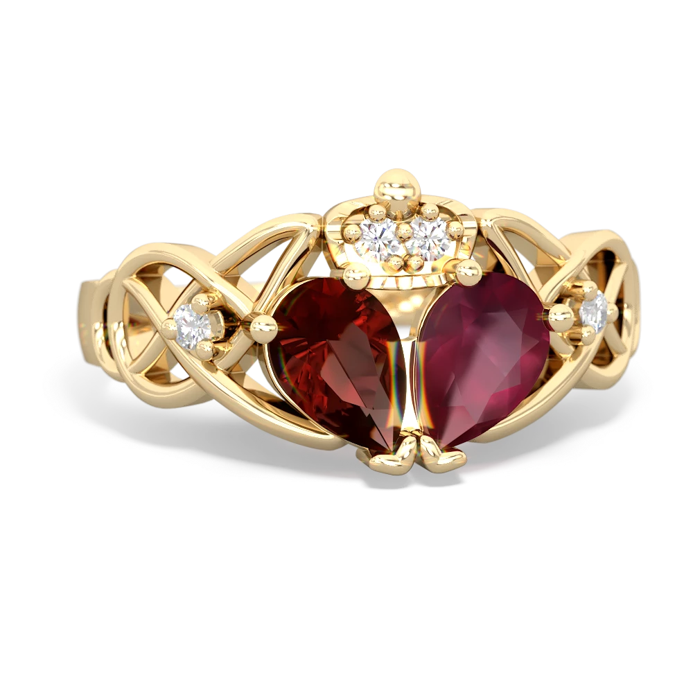 Ruby 'One Heart' Celtic Knot Claddagh 14K Yellow Gold ring R5322